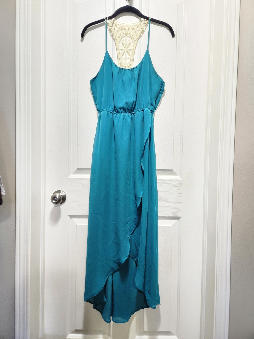 Kismet Teal High Low Dress With Crochet Racerback